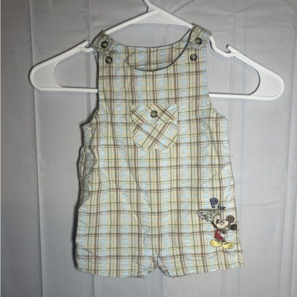 Disney Baby Mickey Mouse Plaid Seersucker Overall Romper 6-9M Vintage 2009